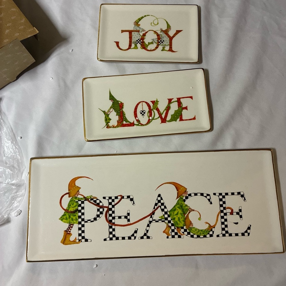 MacKenzie-Childs Patience Brewster Joy Love Peace Trinket Tray Set 3 NIB